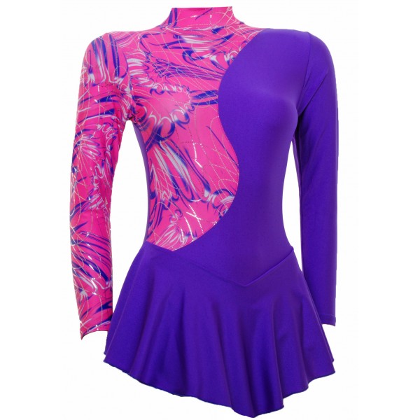 Purple Lycra Long Sleeve Skating Dress with Complimentary Pink Foiled Detail (S099B)