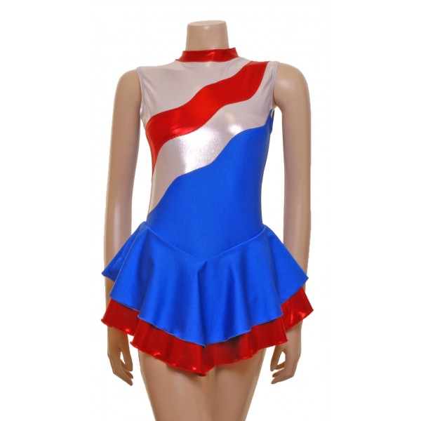 Sleeveless Silver, Red Shine and Royal Blue Lycra Majorette Dress