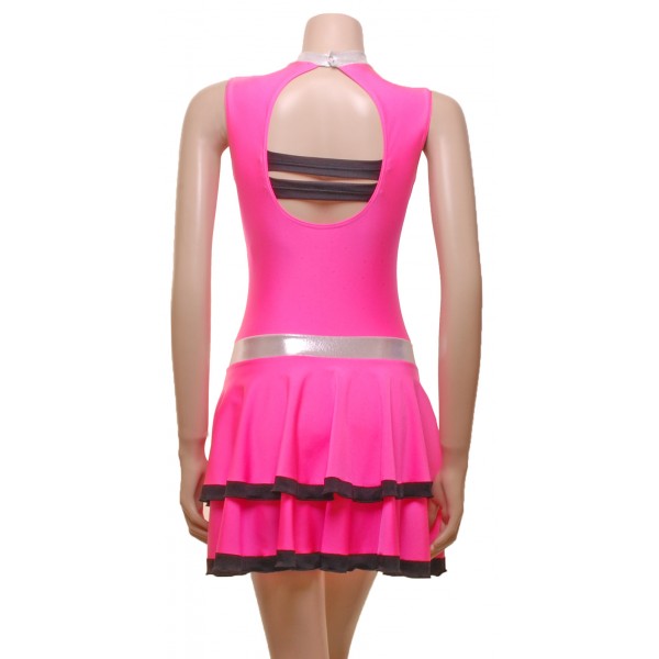 Flo Pink Majorette Dress with Black and Silver Shine Detail.