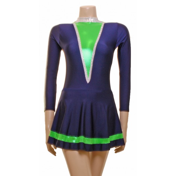 Navy Majorette Dress with Green Metallic and Silver Shine Detail.