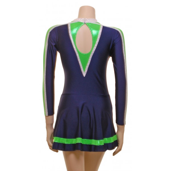 Navy Majorette Dress with Green Metallic and Silver Shine Detail.