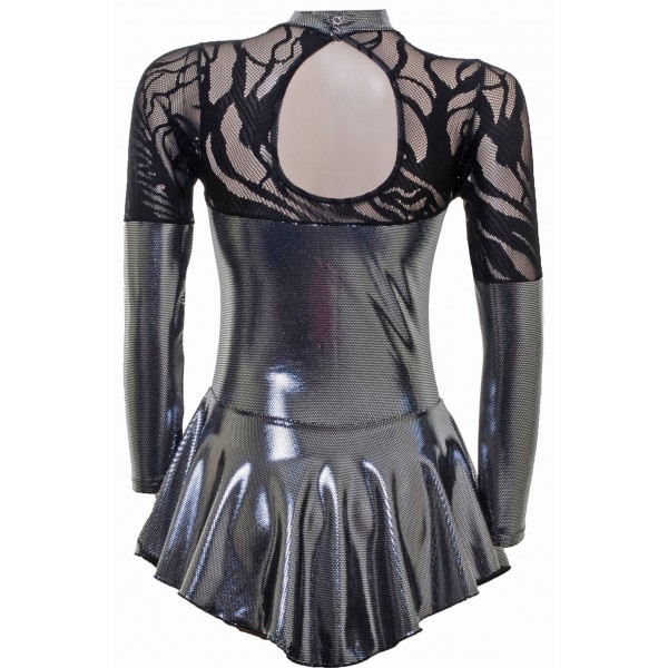Black Foiled Lycra and Lace Long Sleeve Skating Dress (So96l)