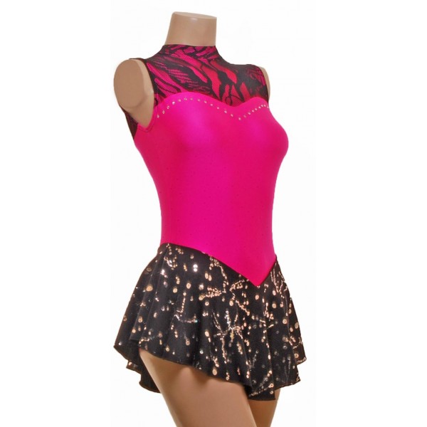 Flo Pink and Black Lace Skating Leotard