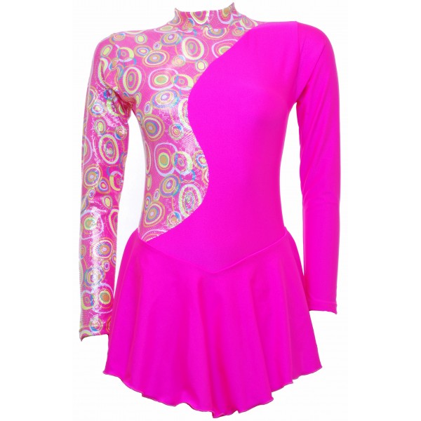 Pink Lycra Long Sleeve Skating Dress with Complimentary Pink Foiled Detail (S099a)