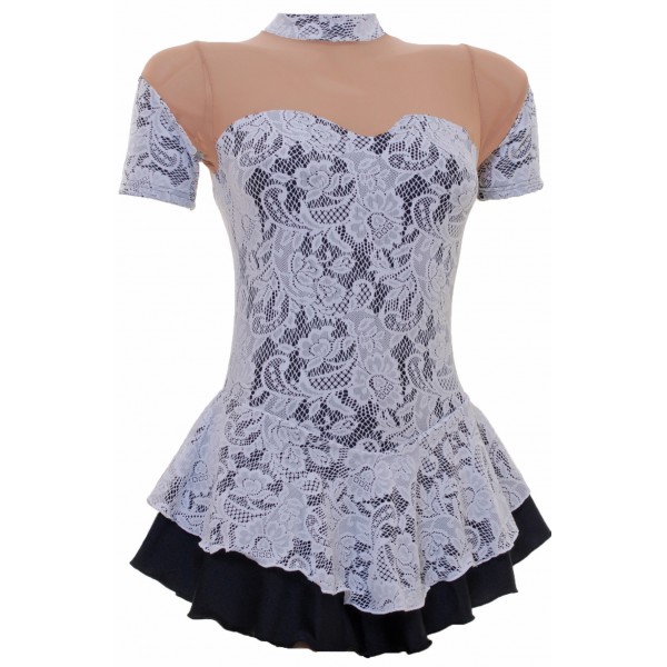 White Lace Overlaying Black Lycra Short Sleeved Skating Dress (S091e)