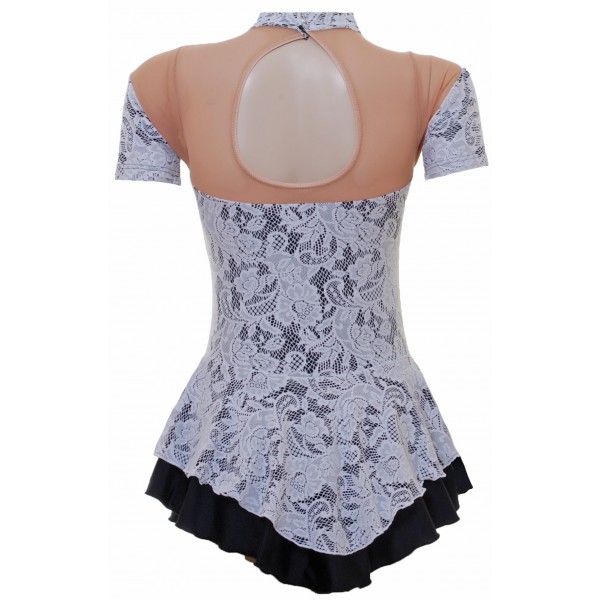 White Lace Overlaying Black Lycra Short Sleeved Skating Dress (S091e)