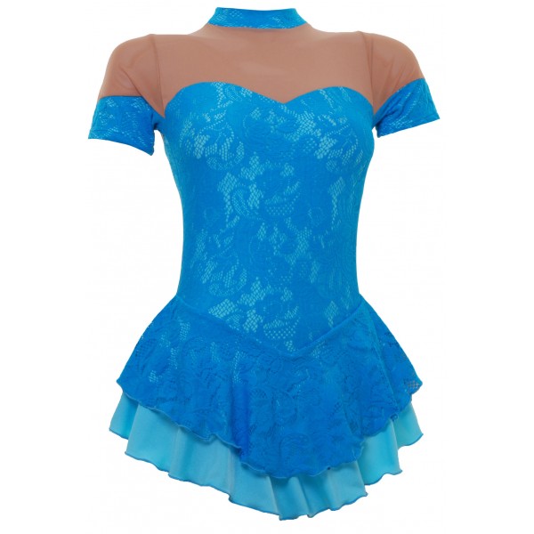 Turquoise Lace Overlaying Aqua Lycra Short Sleeved Skating Dress (S091f)