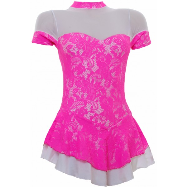 Pink Lace Overlaying White Lycra Short Sleeved Skating Dress (S091c)