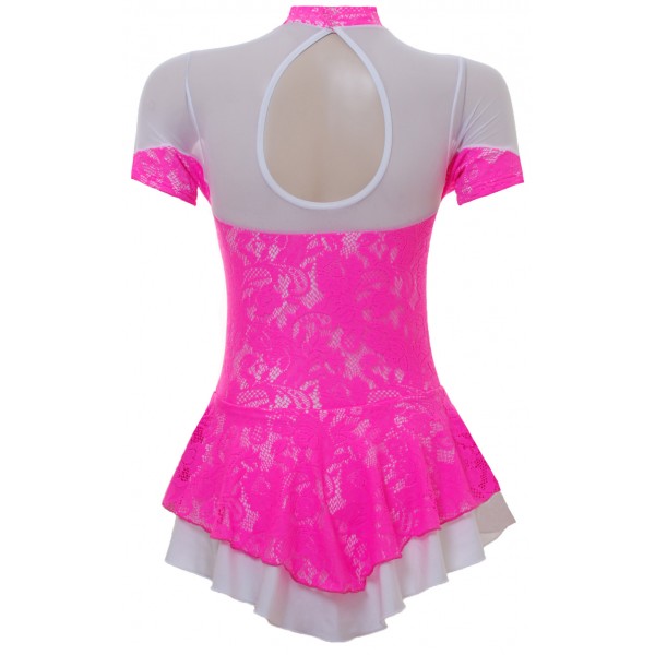 Pink Lace Overlaying White Lycra Short Sleeved Skating Dress (S091c)