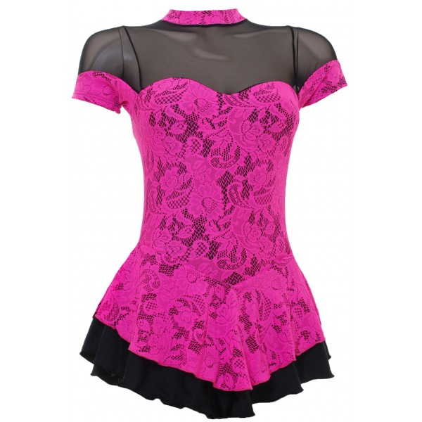 Pink Lace Overlaying Black Lycra Short Sleeved Skating Dress (S091b)