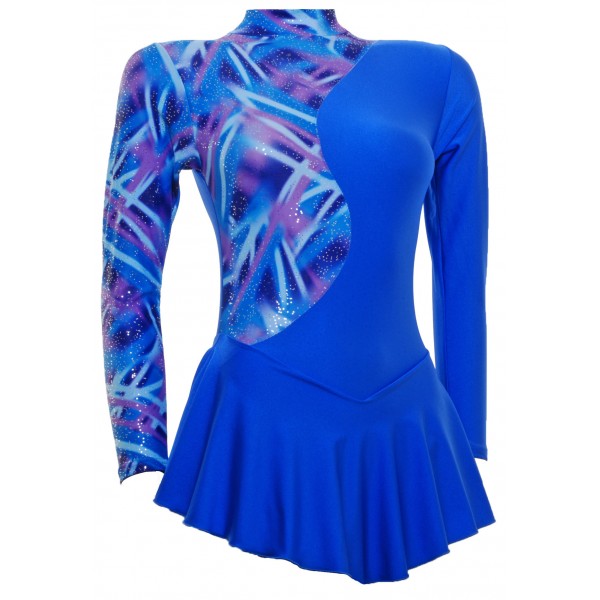 Royal Blue Lycra Long Sleeve Skating Dress with Complimentary Foiled Detail (S099C)