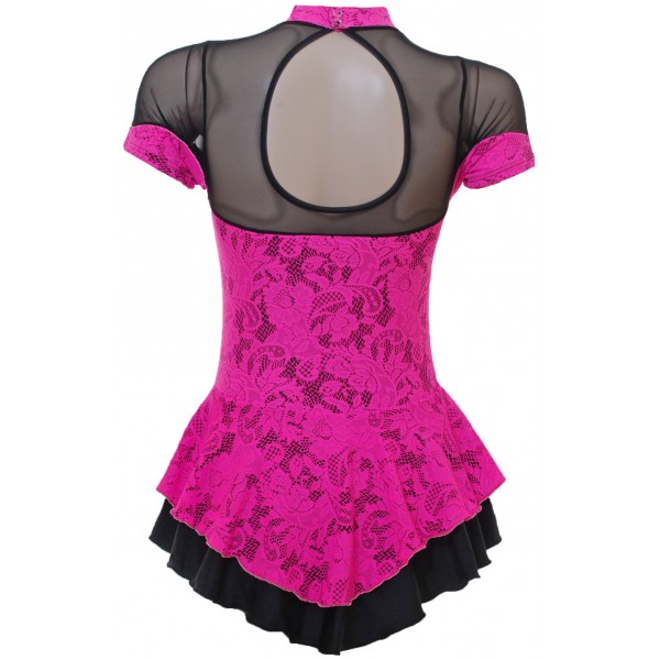 Pink Lace Overlaying Black Lycra Short Sleeved Skating Dress (S091b)