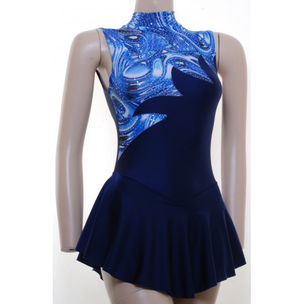 Skating Leotard in Navy Lycra with Blue Fire Design  (S104A)