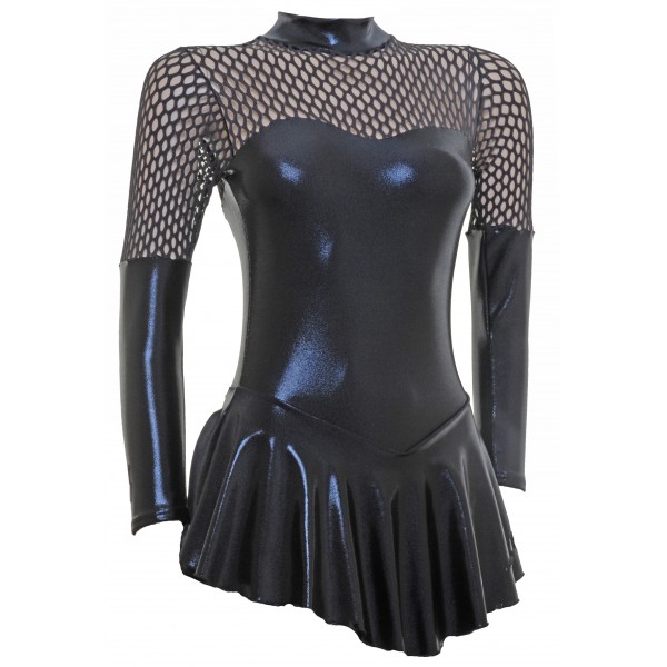 Black Shine and Fishnet Long Sleeve Skating Dress (s096f)