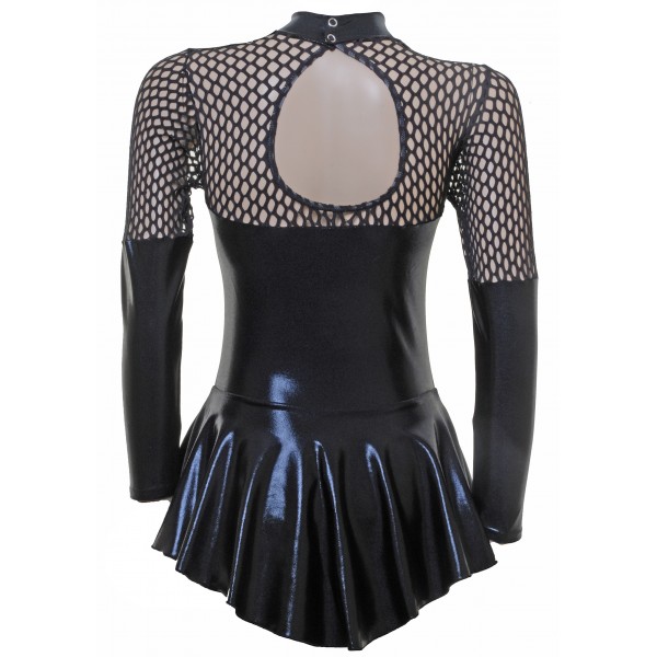 Black Shine and Fishnet Long Sleeve Skating Dress (s096f)