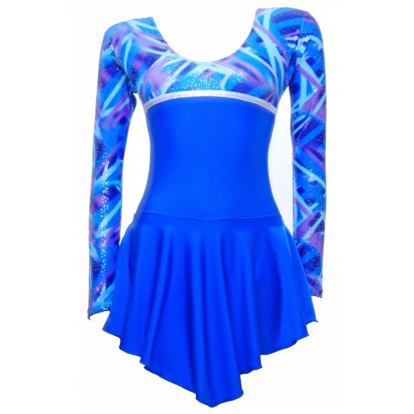 Royal Blue Lycra Long Sleeve Skating Dress with Complimentary Blue Foiled Detail (S098B)