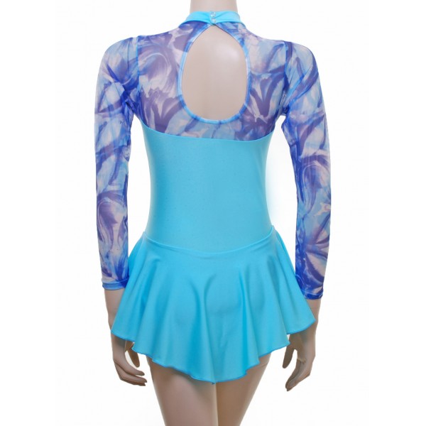 Aqua and Blue Printed Mesh Long Sleeve Skating Dress