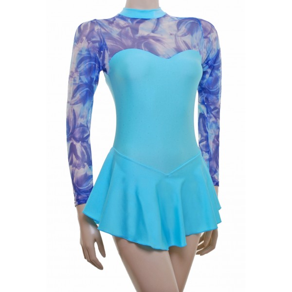 Aqua and Blue Printed Mesh Long Sleeve Skating Dress