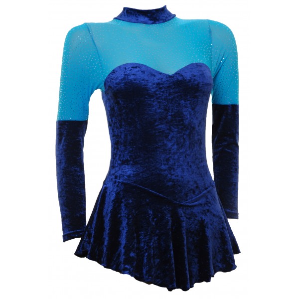 Navy Crushed Velvet and Turquoise Glittermist Long Sleeve Skating Dress (So96B)