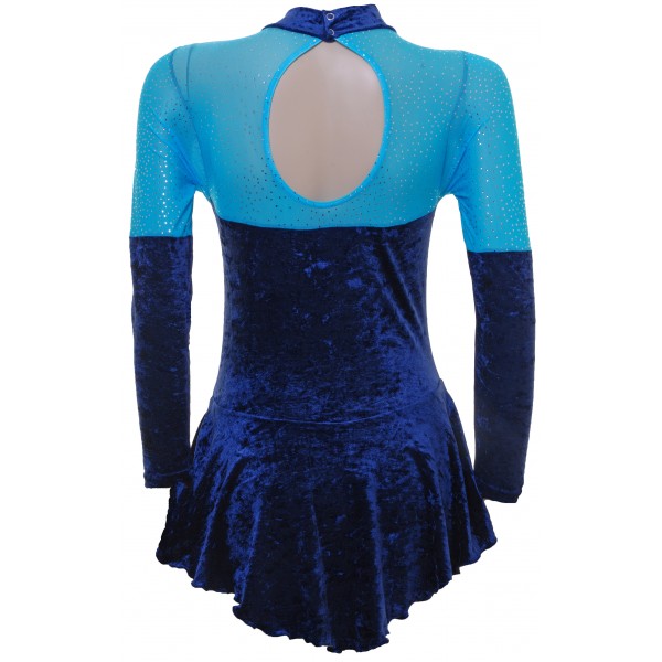 Navy Crushed Velvet and Turquoise Glittermist Long Sleeve Skating Dress (So96B)